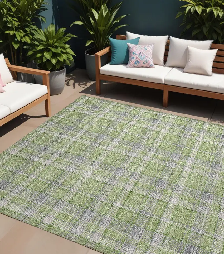 Green and Gray Plaid Washable Non Skid Indoor Outdoor Area Rug Photo 1