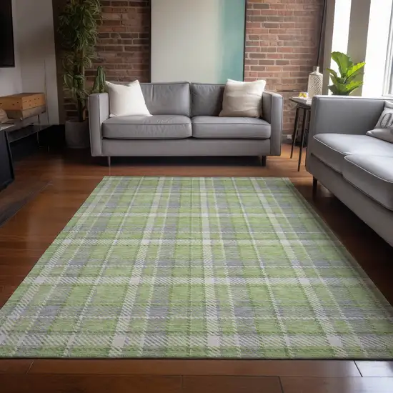 Green and Gray Plaid Washable Non Skid Indoor Outdoor Area Rug Photo 8