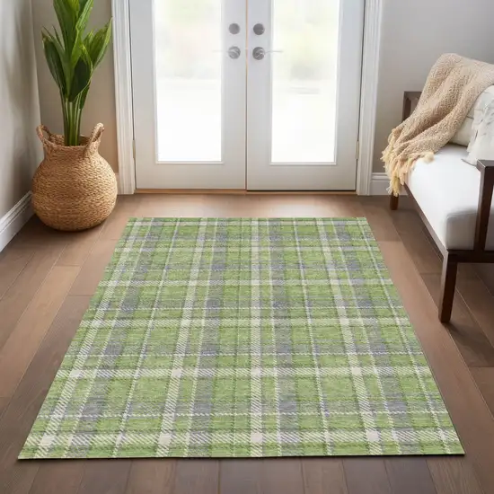 Green and Gray Plaid Washable Non Skid Indoor Outdoor Area Rug Photo 9