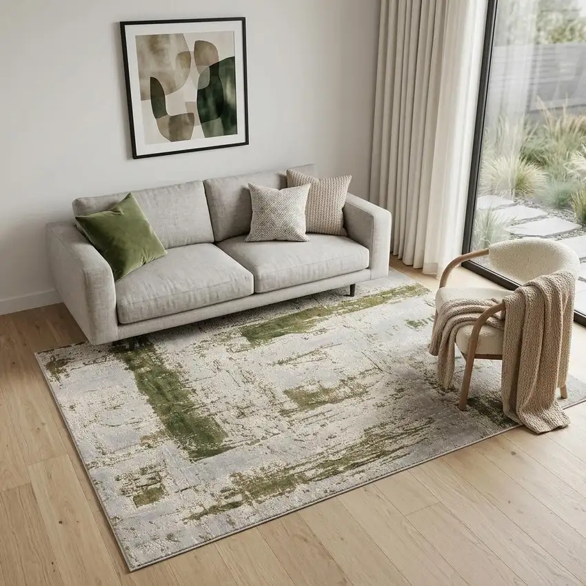 Green And Ivory Abstract Area Rug Photo 1