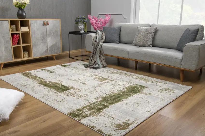 Green and Ivory Distressed Area Rug Photo 6