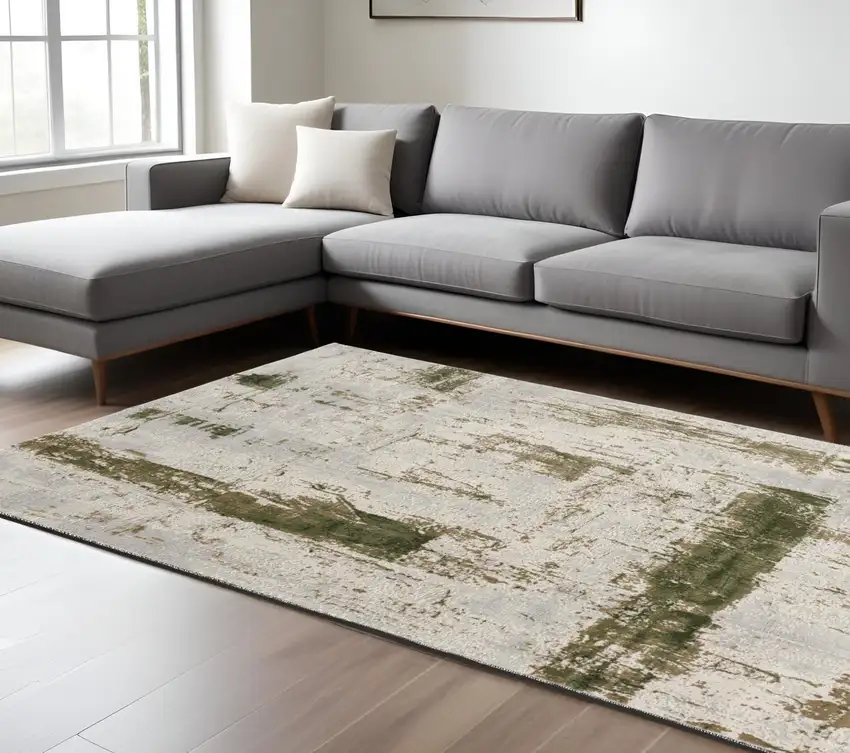 Green and Ivory Abstract Distressed Area Rug Photo 2