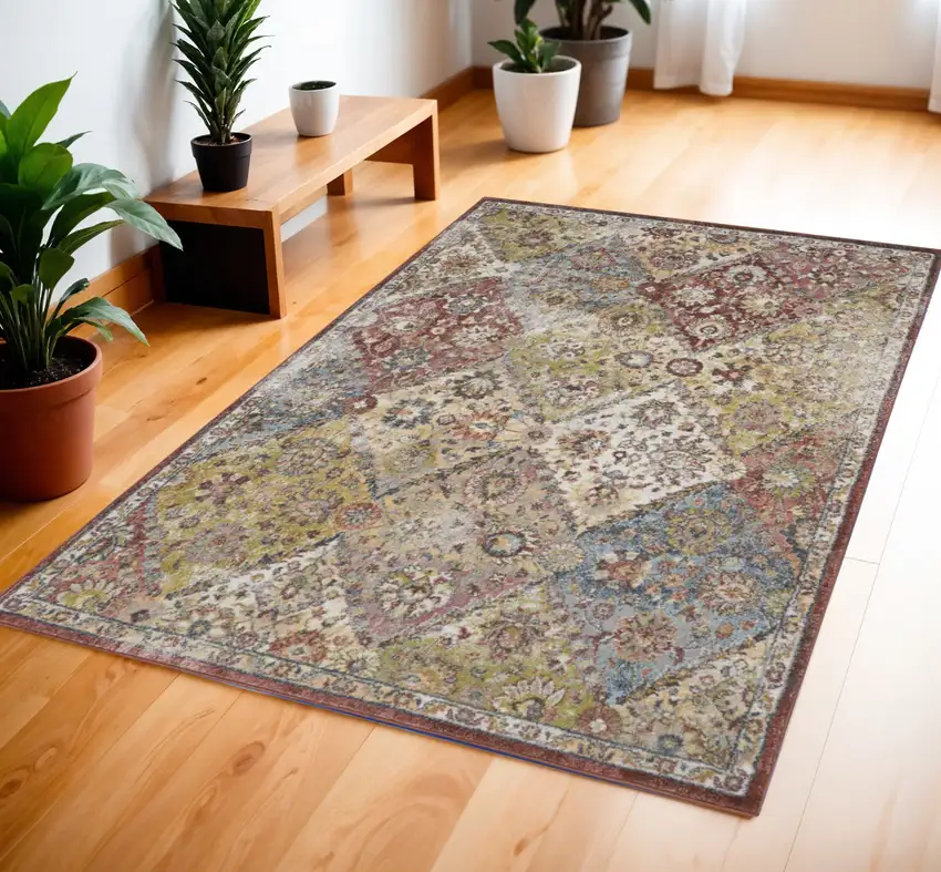 Green and Ivory Floral Distressed Area Rug Photo 1