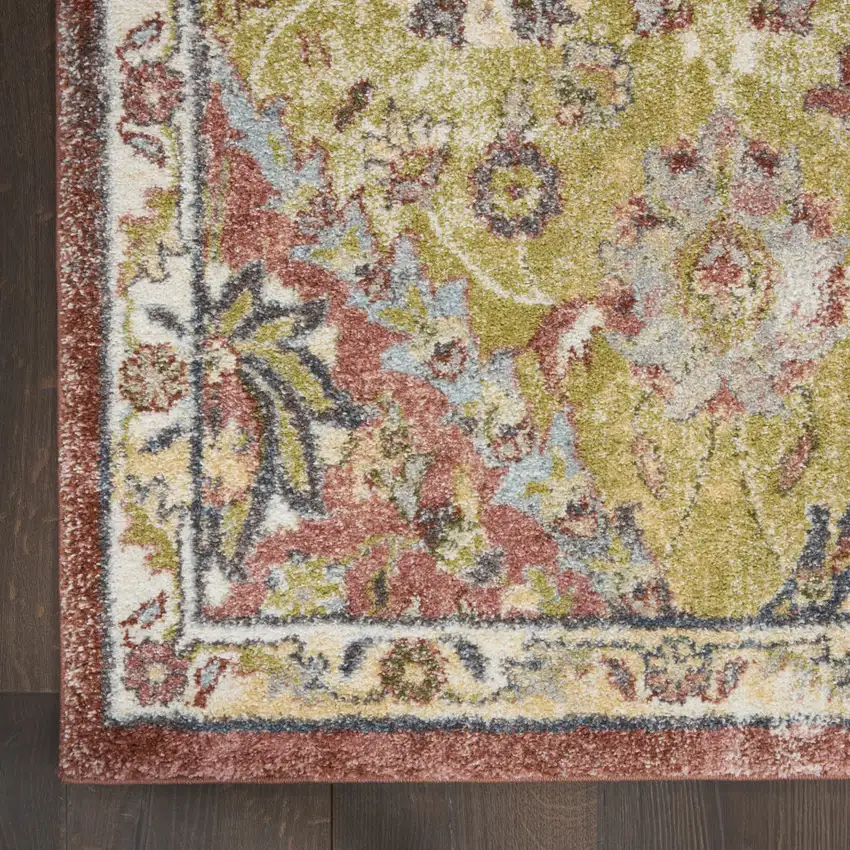 Green and Ivory Floral Distressed Area Rug Photo 8
