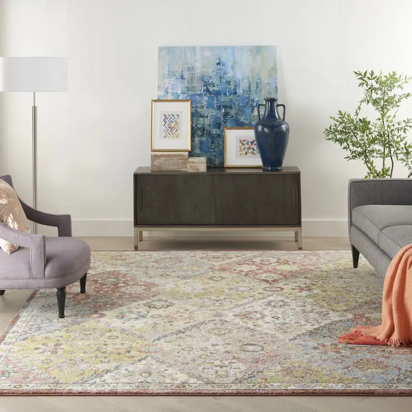 Green and Ivory Floral Distressed Area Rug Photo 4