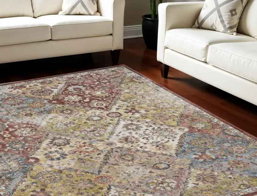 Green and Ivory Floral Distressed Area Rug Photo 1