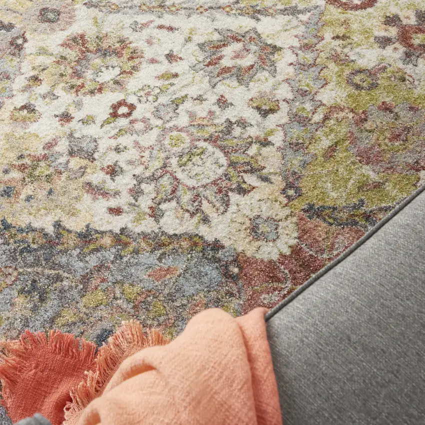 Green and Ivory Floral Distressed Area Rug Photo 7