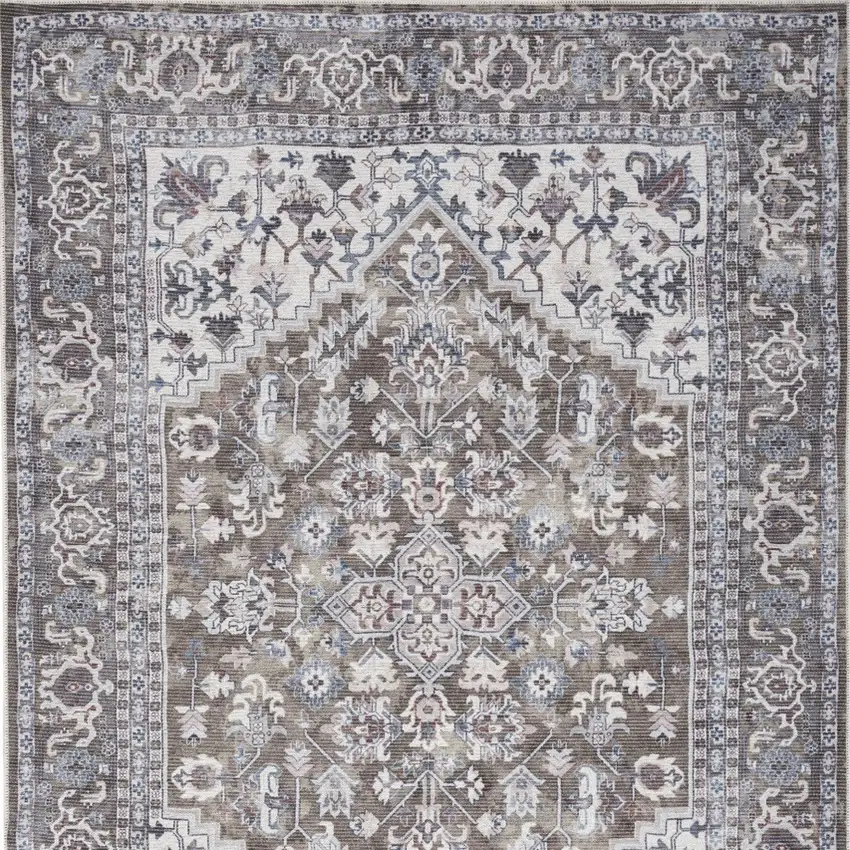 Green and Ivory Floral Medallion Power Loom Distressed Area Rug Photo 8