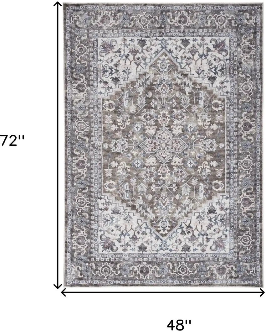 Green and Ivory Floral Medallion Power Loom Distressed Area Rug Photo 3