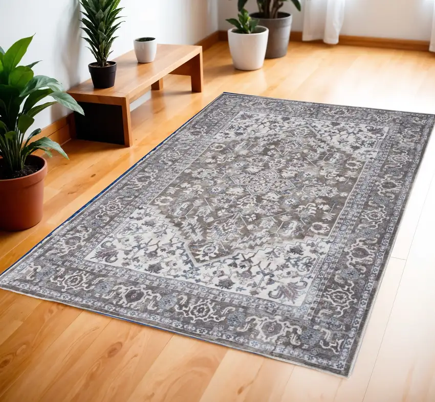 Green and Ivory Floral Medallion Power Loom Distressed Area Rug Photo 1