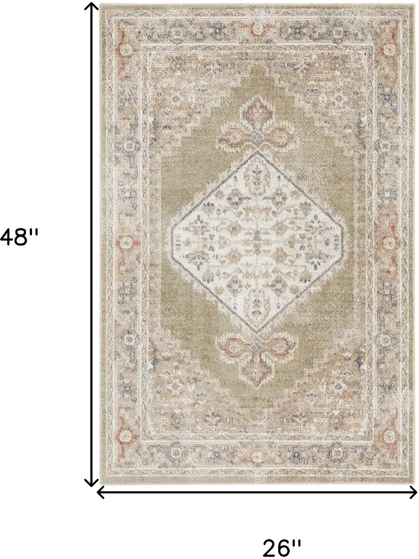 Green and Ivory Floral Medallion Power Loom Distressed Washable Area Rug Photo 3