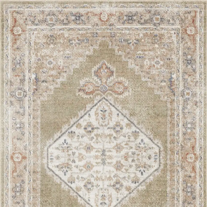 Green and Ivory Floral Medallion Power Loom Distressed Washable Area Rug Photo 7