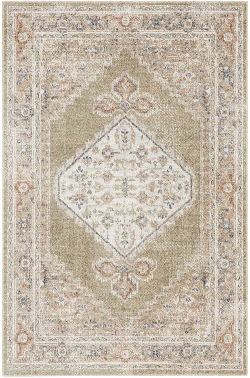 Green and Ivory Floral Medallion Power Loom Distressed Washable Area Rug Photo 8