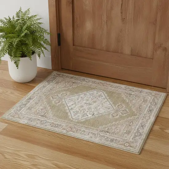 Green and Ivory Floral Medallion Power Loom Distressed Washable Area Rug Photo 1