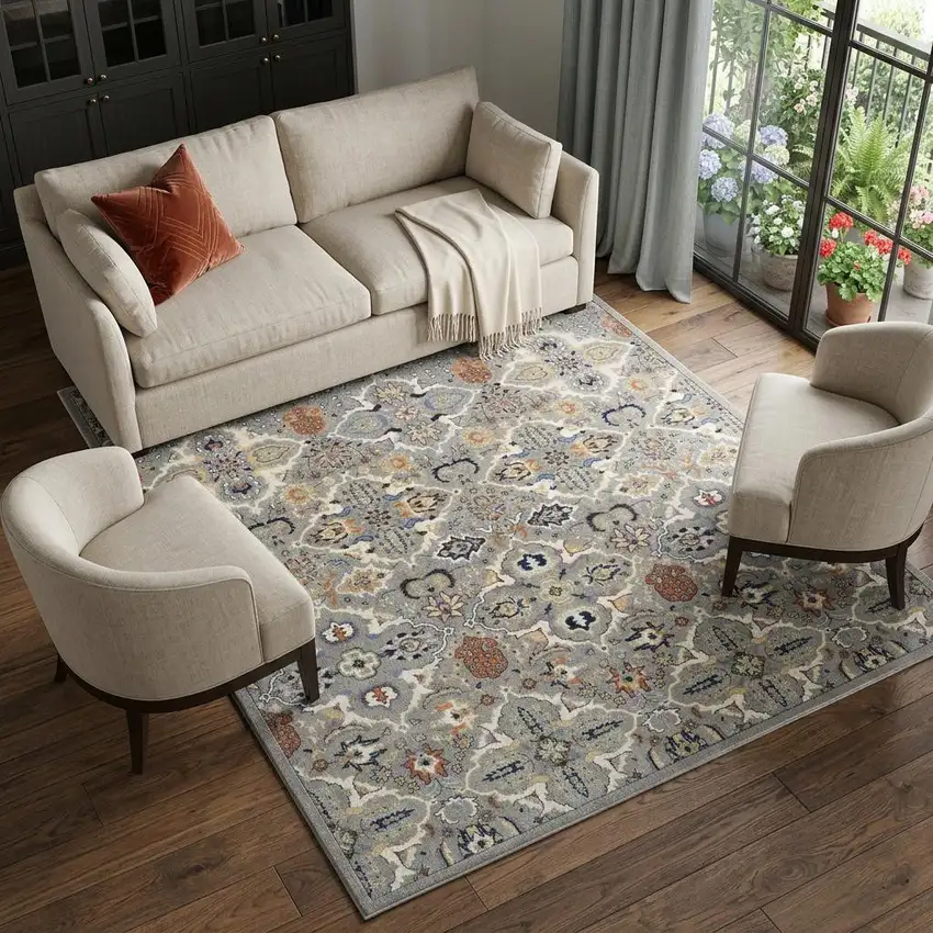 Green and Ivory Floral Power Loom Area Rug Photo 1