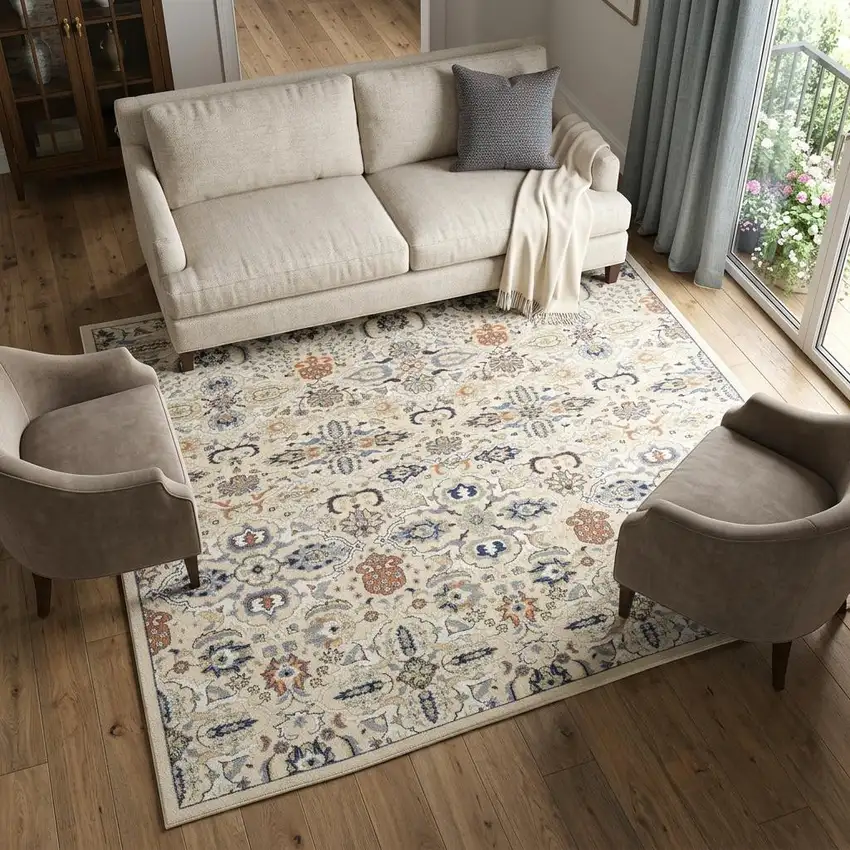 Green and Ivory Floral Power Loom Area Rug Photo 1