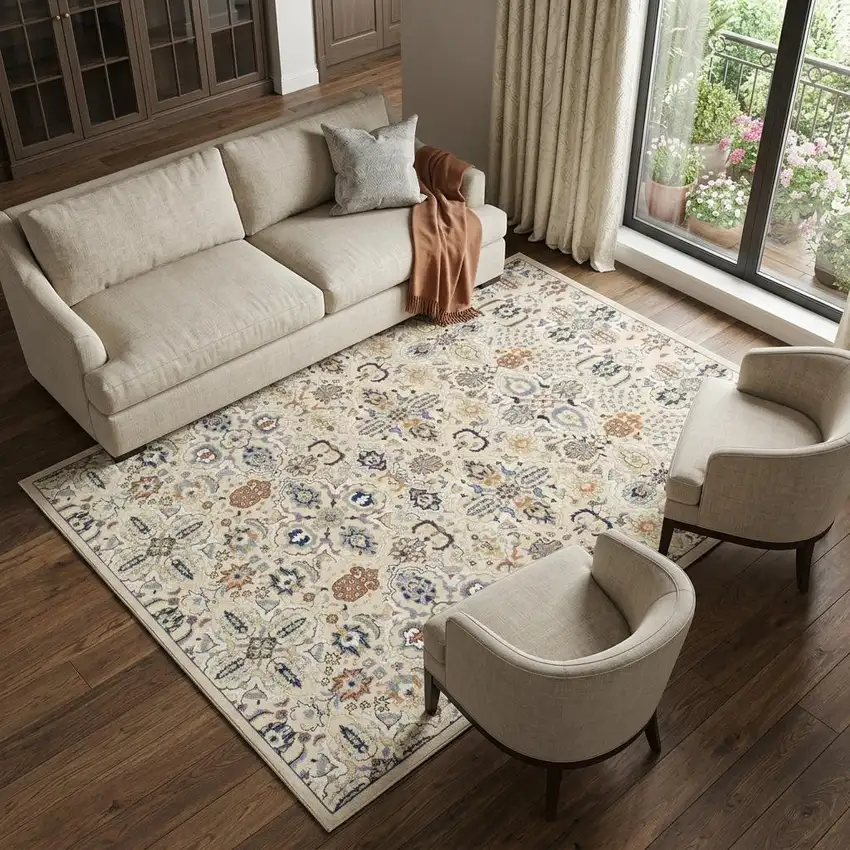 Green and Ivory Floral Power Loom Area Rug Photo 1