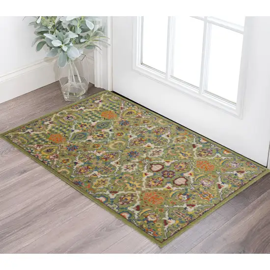 Green and Ivory Floral Power Loom Area Rug Photo 1