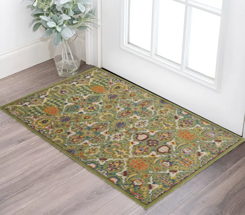 Green and Ivory Floral Power Loom Area Rug Photo 1