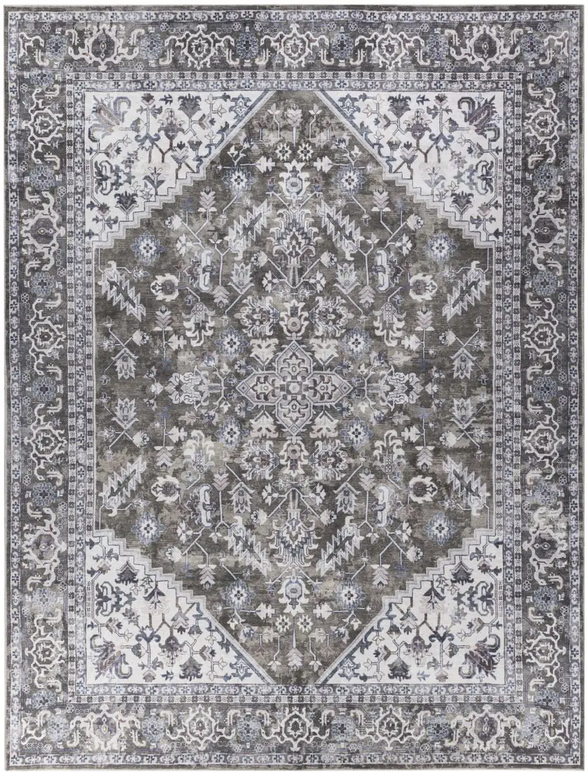 Green and Ivory Floral Power Loom Distressed Washable Area Rug Photo 1