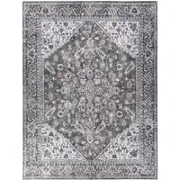 Photo of Green and Ivory Floral Power Loom Distressed Washable Area Rug