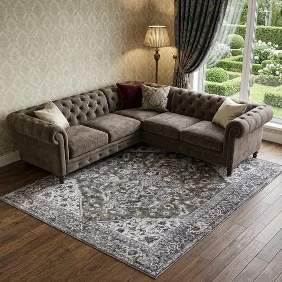 Green and Ivory Floral Power Loom Distressed Washable Area Rug Photo 1