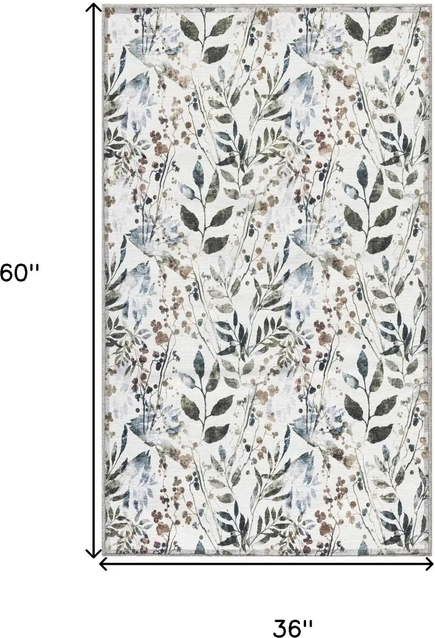 Green and Ivory Floral Power Loom Washable Non Skid Area Rug Photo 9
