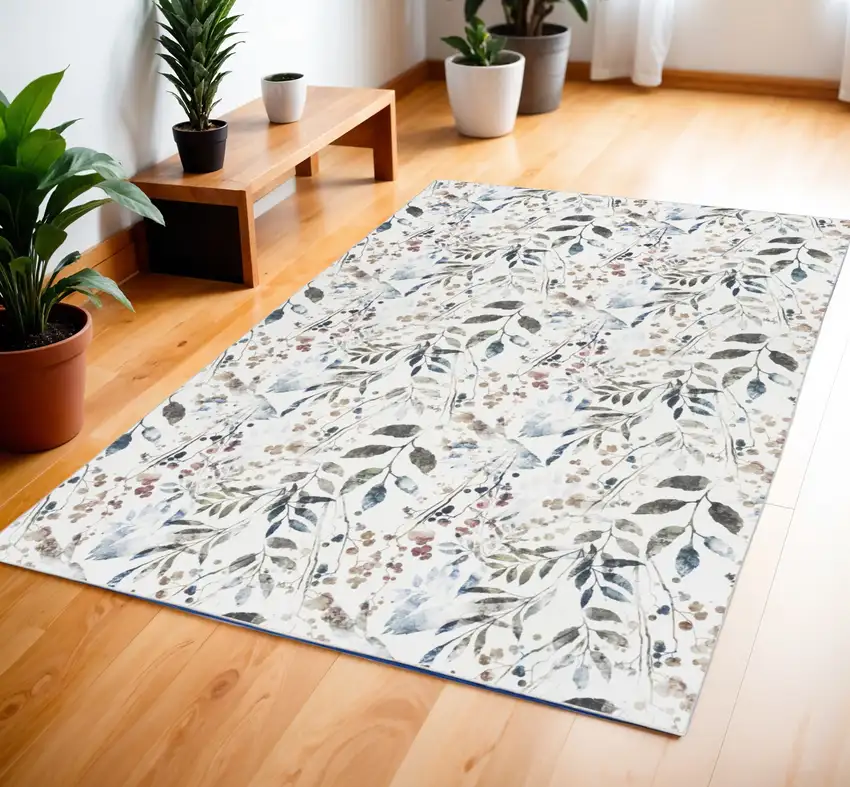 Green and Ivory Floral Power Loom Washable Non Skid Area Rug Photo 1