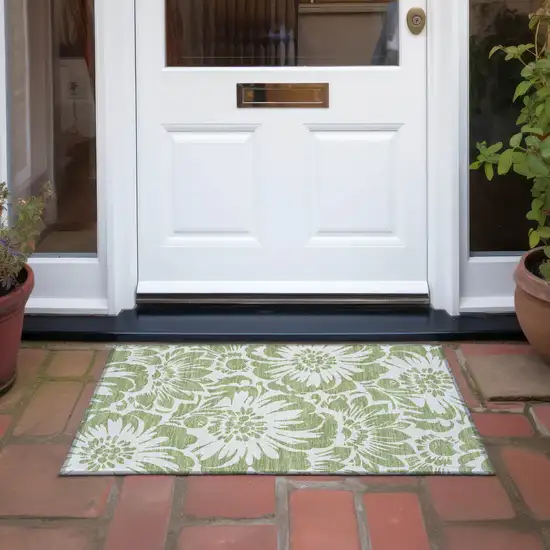 Green and Ivory Floral Washable Non Skid Indoor Outdoor Area Rug Photo 7