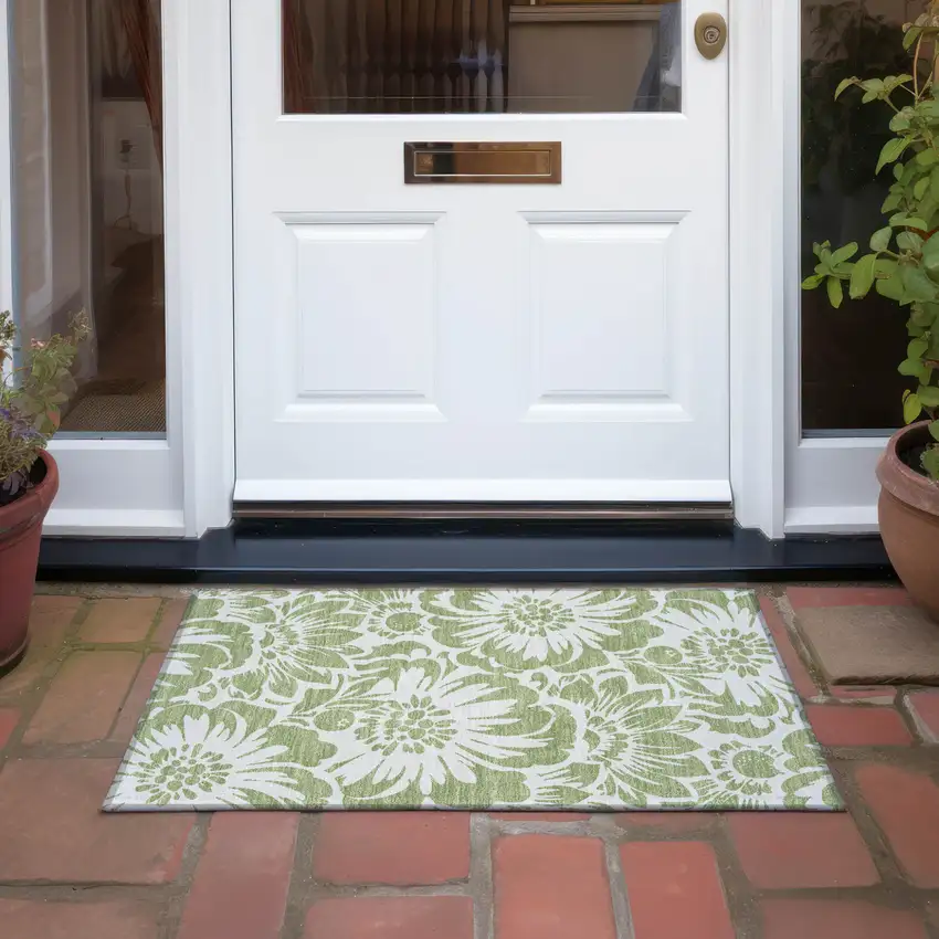 Green and Ivory Floral Washable Non Skid Indoor Outdoor Area Rug Photo 7