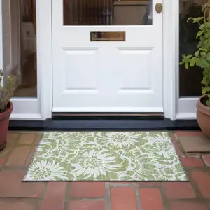 Photo of Green and Ivory Floral Washable Non Skid Indoor Outdoor Area Rug