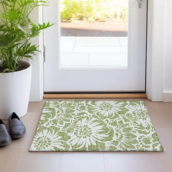 Green and Ivory Floral Washable Non Skid Indoor Outdoor Area Rug Photo 9