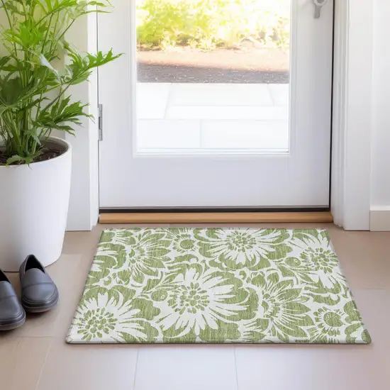 Green and Ivory Floral Washable Non Skid Indoor Outdoor Area Rug Photo 9