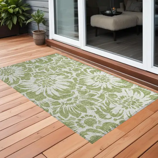 Green and Ivory Floral Washable Non Skid Indoor Outdoor Area Rug Photo 1
