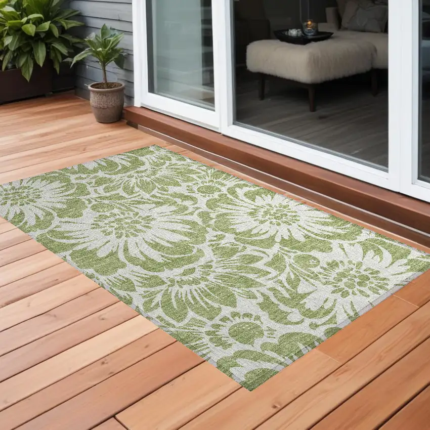 Green and Ivory Floral Washable Non Skid Indoor Outdoor Area Rug Photo 1