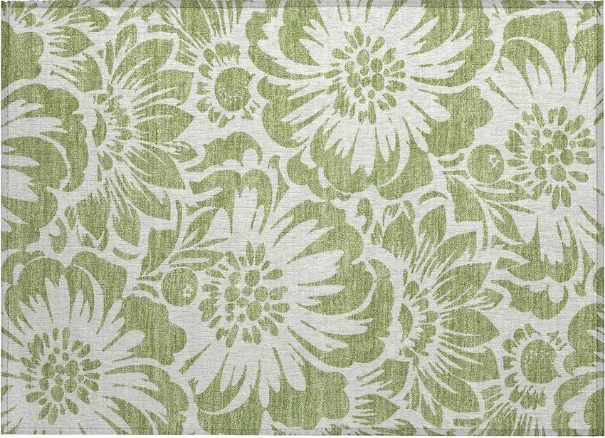 Green and Ivory Floral Washable Non Skid Indoor Outdoor Area Rug Photo 2