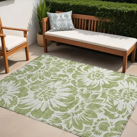 Green and Ivory Floral Washable Non Skid Indoor Outdoor Area Rug Photo 1