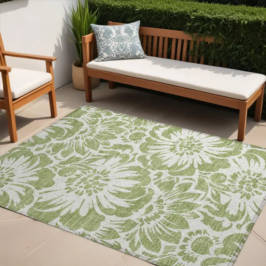 Green and Ivory Floral Washable Non Skid Indoor Outdoor Area Rug Photo 1