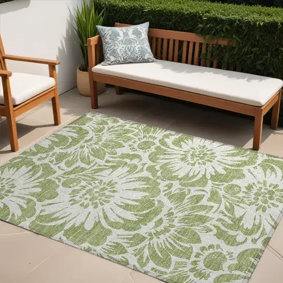 Green and Ivory Floral Washable Non Skid Indoor Outdoor Area Rug Photo 1