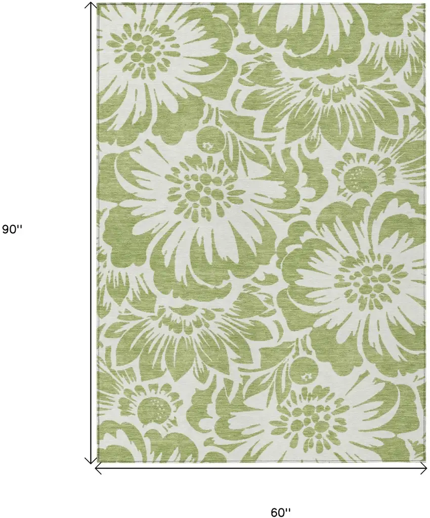 Green and Ivory Floral Washable Non Skid Indoor Outdoor Area Rug Photo 3