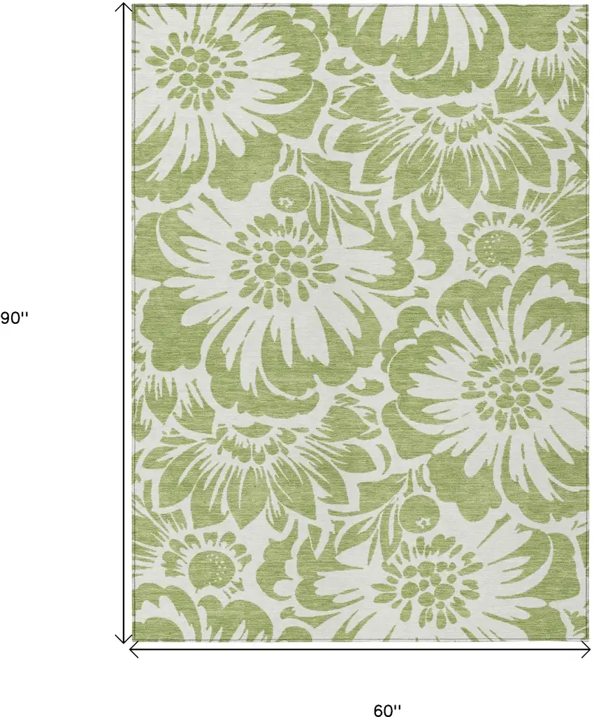 Green and Ivory Floral Washable Non Skid Indoor Outdoor Area Rug Photo 3