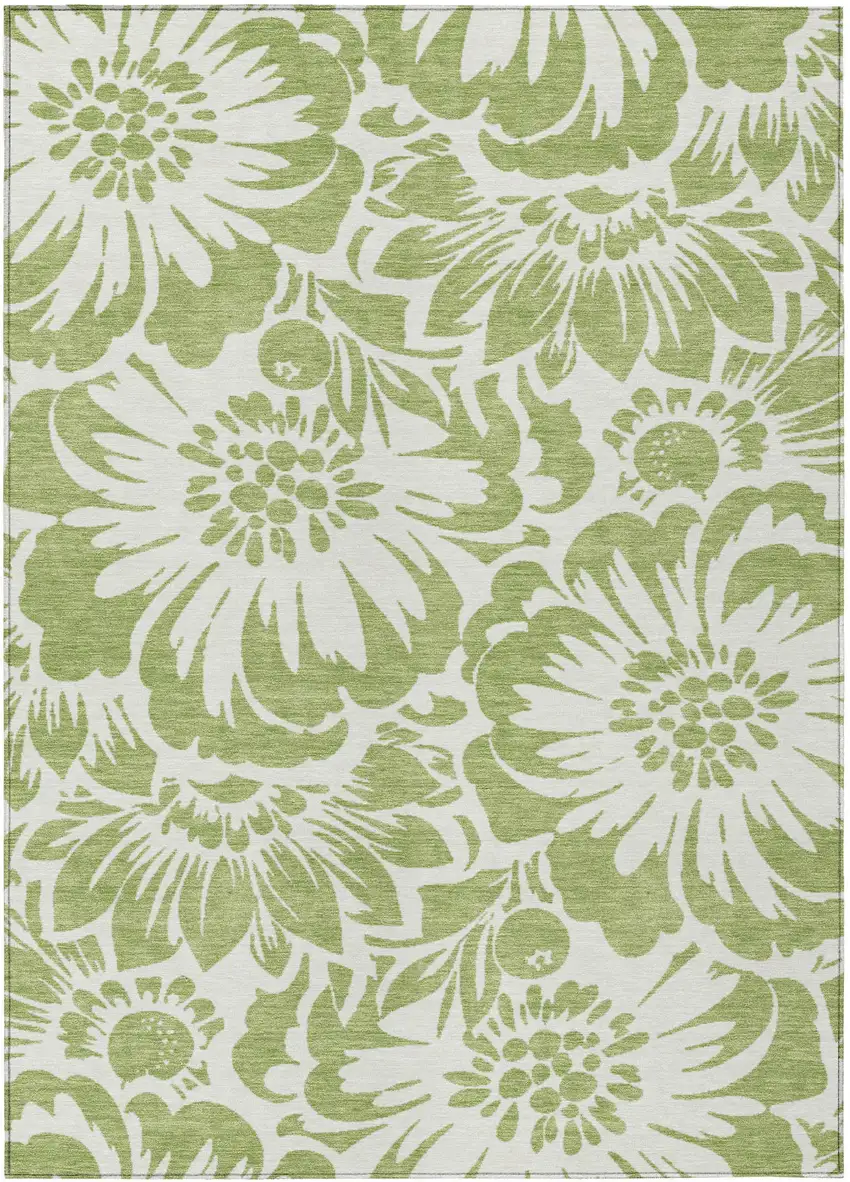 Green and Ivory Floral Washable Non Skid Indoor Outdoor Area Rug Photo 2