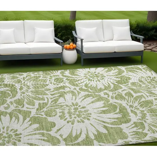 Green and Ivory Floral Washable Non Skid Indoor Outdoor Area Rug Photo 1