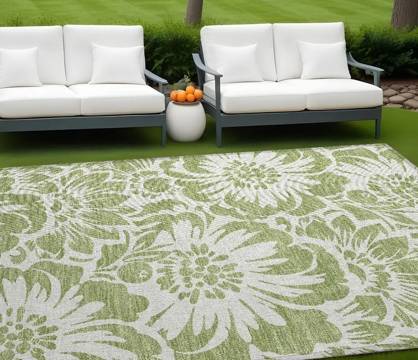 Green and Ivory Floral Washable Non Skid Indoor Outdoor Area Rug Photo 1
