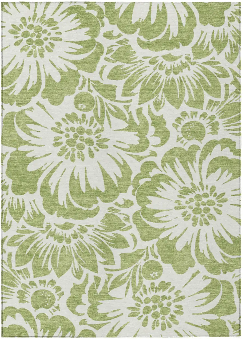 Green and Ivory Floral Washable Non Skid Indoor Outdoor Area Rug Photo 2