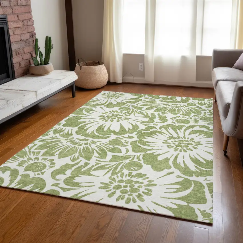 Green and Ivory Floral Washable Non Skid Indoor Outdoor Area Rug Photo 9