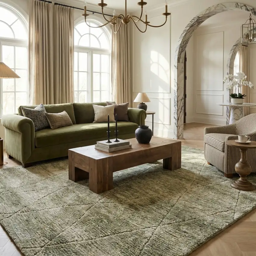 Green and Ivory Geometric Power Loom Distressed Non Skid Area Rug Photo 6