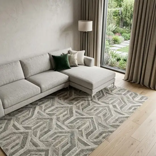 Green and Ivory Geometric Power Loom Distressed Non Skid Area Rug Photo 1