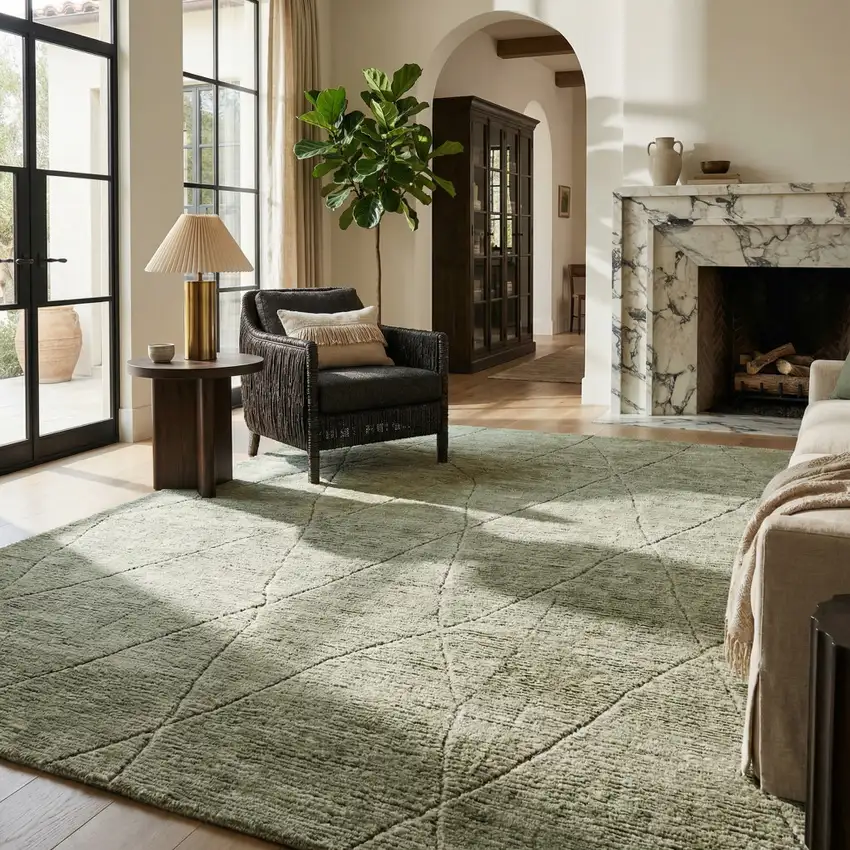 Green and Ivory Geometric Power Loom Distressed Non Skid Area Rug Photo 8