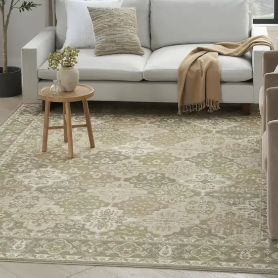 Green and Ivory Medallion Power Loom Distressed Area Rug Photo 5